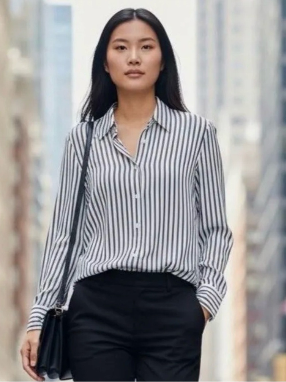 Ann Taylor Factory Black and White Striped Button-Down Shirt